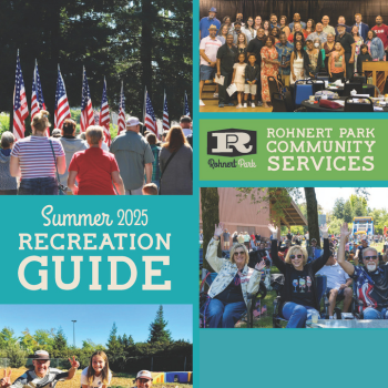 Summer 2025 Recreation Guide, pictures of people looking at American Flags, families with dogs, etc.